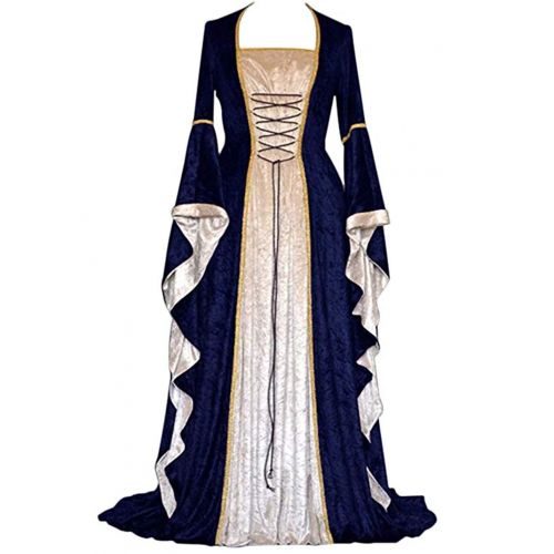  ★QueenBB★ Womens Renaissance Medieval Costume Dress Lace Up Irish Over Long Dresses Cosplay Retro Gown Floor Length Dresses