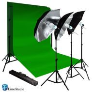 LimoStudio 900W Photography Portrait Photo Video Studio Light Kit, Triple Photography Premium Black and Silver Umbrella Lighting with 6 x 9 Foot Green Chromakey Backdrop Background