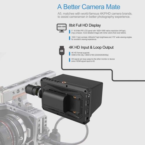  LILLIPUT A5 5in IPS Camera-Top Broadcast Monitor for 4K Full HD Camcorder & DSLR with 1920x1080 High Resolution 1000:1 Contrast Application for Taking Photos & Making Movies with A