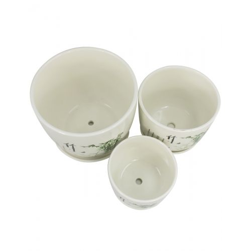  상세설명참조 Dahlia Set of 3 Hand Painted Ceramic Planter/Plant Pot/Flower Pot w. Attached Saucer, Bamboo
