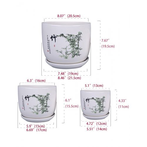  상세설명참조 Dahlia Set of 3 Hand Painted Ceramic Planter/Plant Pot/Flower Pot w. Attached Saucer, Bamboo