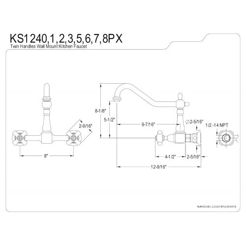  상세설명참조 Kingston Brass KS1241PX Heritage Wall Mount Center Kitchen Faucet Porcelain Cross Handle, 8-1/2, Brass/Antique Brass