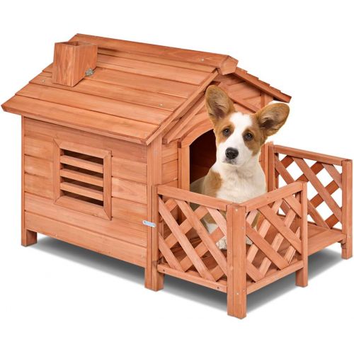  상세설명참조 Tangkula Pet Dog House, Wooden Dog Room with Porch & Fence, Raised Vent and Balcony for Outdoor & Indoor Use, Pet House Shelter for Puppies and Dogs, Wood Dog House Dog Kennel