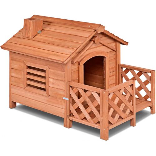  상세설명참조 Tangkula Pet Dog House, Wooden Dog Room with Porch & Fence, Raised Vent and Balcony for Outdoor & Indoor Use, Pet House Shelter for Puppies and Dogs, Wood Dog House Dog Kennel