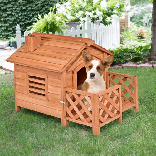  상세설명참조 Tangkula Pet Dog House, Wooden Dog Room with Porch & Fence, Raised Vent and Balcony for Outdoor & Indoor Use, Pet House Shelter for Puppies and Dogs, Wood Dog House Dog Kennel