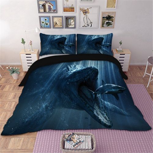  상세설명참조 HyUkoa 3 Piece Dinosaur Eating Shark Boys Bedding Sheet Cover,Soft Material 3D Dinosaure Ocean Shark Mens Bedlinen Duvet Cover No Comforter,Color 3 US Queen Size