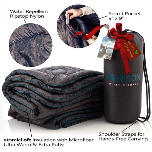  상세설명참조 SORISON Synthetic Puffy Down Camping Quilt, Top Quilt and Stadium Blanket for Cold Weather - Great for Campers, RV Owners, Men who Have Everything and Soccer Moms