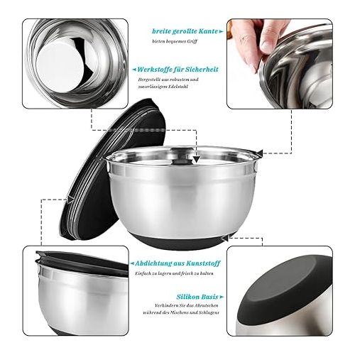  Old Tjikko Stainless Steel Bowl with Lid, Bowl Set of 3, Mixing Bowl, Salad Bowl, Serving Bowl, Stackable, Cooking Essential Kitchen Utensils (18 + 22 + 26 cm)