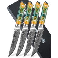 SANMUZUO Steak Knife Set, 4-Piece Damascus Knife 13 cm Blade - Steak Cutlery Knife Set - VG 10 Damascus Steel Kitchen Knife with Resin Handle - Xuan Series (Dream Orange)