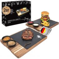 LIKAYA® Serving Board XXL 'Domingo' Set of 2 Made of FSC® Acacia Wood with Slate Plate and Sauce Bowls, Grill Board, Steak Board, Grill Accessories and Gift for Steak, Burger and Sushi