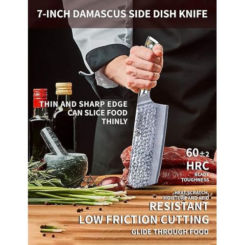  SANMUZUO 18 cm Nakiri Knife - Vegetable Hatchet Kitchen Knife - Japanese Usuba Knife - Hammered Damascus Steel and Resin Handle - YAO Series Damascus Knife
