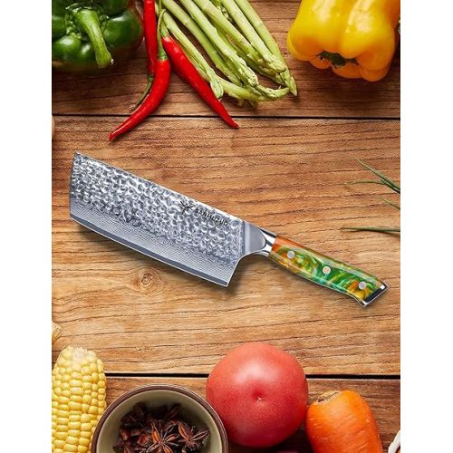  SANMUZUO 18 cm Nakiri Knife - Vegetable Hatchet Kitchen Knife - Japanese Usuba Knife - Hammered Damascus Steel and Resin Handle - YAO Series Damascus Knife