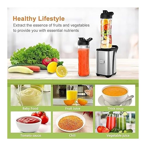  Enfmay Blender Smoothie Maker - 350 W Smoothie Maker to Go with 2 x 600 ml Bottles - Portable Stainless Steel Blender for Shake, Smoothie and Baby Food - Silver