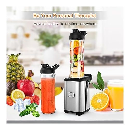  Enfmay Blender Smoothie Maker - 350 W Smoothie Maker to Go with 2 x 600 ml Bottles - Portable Stainless Steel Blender for Shake, Smoothie and Baby Food - Silver