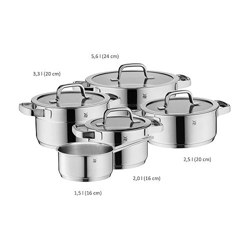  WMF Compact Cuisine 5-Piece Induction Saucepan Set with Glass Lid, Polished Cromargan Stainless Steel, Induction Pots Set, Uncoated, Inner Scale