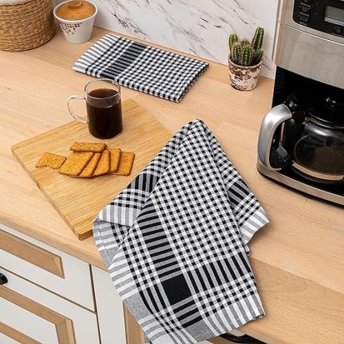  NATUR FUTURE® Cotton Tea Towels, Set of 10, Black, 45 x 65 cm, with Hanger, Vintage Look Chequered, Tea Towels, Kitchen Towels, Cleaning Cloths, Dry Towels
