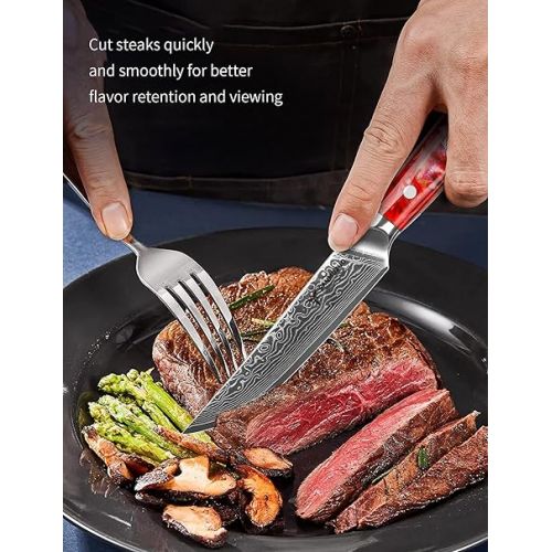  SANMUZUO Steak Knife Set, 4-Piece Damascus Knife 13 cm Blade - Steak Cutlery Knife Set - VG 10 Damascus Steel Kitchen Knife with Resin Handle - Xuan Series (Sunset Red)