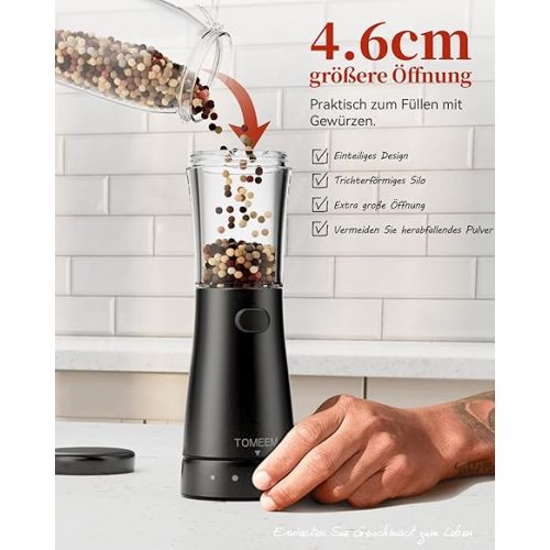  Electric Salt and Pepper Mills Set of 2 Stainless Steel (Rechargeable, LED Lighting, with Adjustable Ceramic Grinder, Cleaning Brush Brush) Electric Spice Mill, Black/White