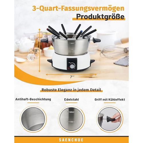  Saenchue Electric Fondue Set for Cheese & Chocolate - 12 Cup Stainless Steel Fondue Pot with 8 Colour Coded Forks - 3 Mode Fondue Set with Adjustable Temperature Control, FD-10