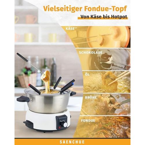  Saenchue Electric Fondue Set for Cheese & Chocolate - 12 Cup Stainless Steel Fondue Pot with 8 Colour Coded Forks - 3 Mode Fondue Set with Adjustable Temperature Control, FD-10