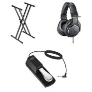 B&H Photo Video Double-Braced X-Style Stand with Headphones and Sustain Pedal - Keyboard Essentials Bundle