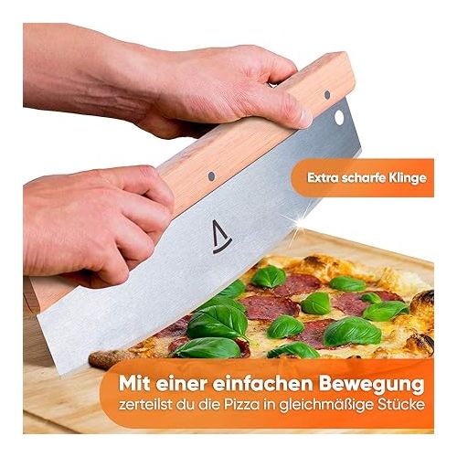  Pizza Mondo® Pizza cutter - professional pizza knife (pizza cutter) more effective than pizza roller, premium pizza knife made of stainless steel, 32 cm with wooden handle, fast and even cutting