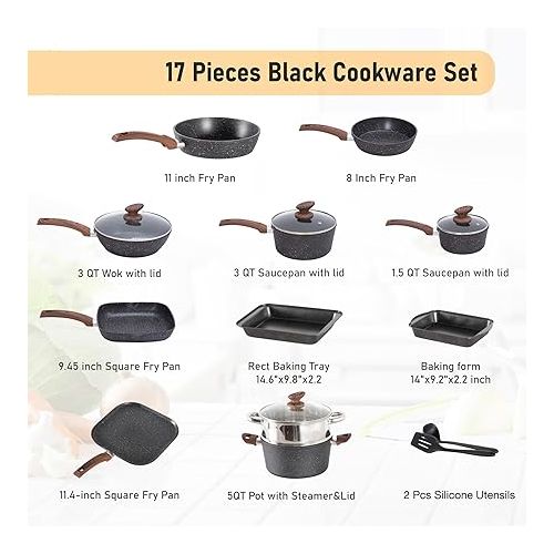  Kitchen Academy 17-Piece Induction Cookware Set with Glass Lids and Granite Coating Including Pans and Pots (Black 17 Pieces)