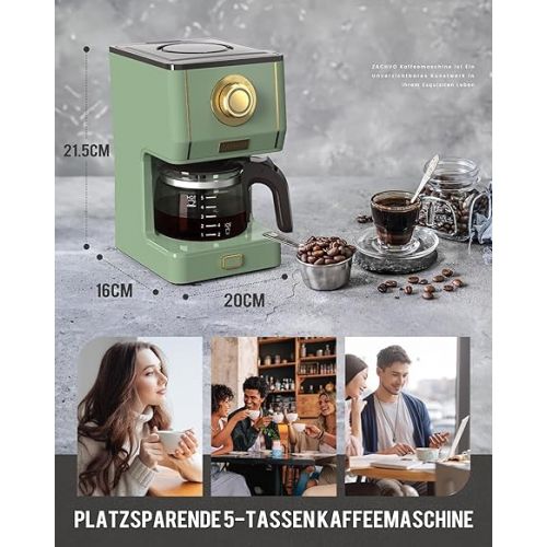  ZACHVO Filter Coffee Machine, Coffee Machine, Filter Machine, 5 Cups, Coffee Machine 650 ml with Glass Jug, Removable Filter, Drip Stop, Automatic Shut-Off, 30 Minutes Warming Function, 3 Brewing