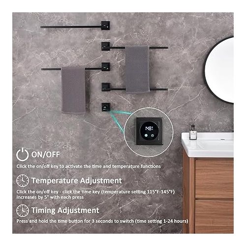  QREZAA Electric Bathroom Radiator, Towel Radiator, 75 W, 51 x 70 cm, Intelligent WiFi Towel Warmer, 180° Rotation, Anthracite Towel Dryer with Timer (Black)