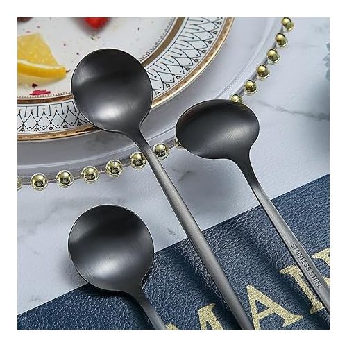  HOMQUEN Matte Black Teaspoons, Pack of 6, 6.6 Inch Spoons, Cutlery, Small Stainless Steel Spoon, Teaspoon for Home, Kitchen or Restaurant, Dishwasher Safe (Matte Black-6.6 inches)