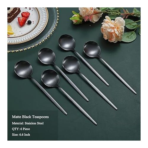  HOMQUEN Matte Black Teaspoons, Pack of 6, 6.6 Inch Spoons, Cutlery, Small Stainless Steel Spoon, Teaspoon for Home, Kitchen or Restaurant, Dishwasher Safe (Matte Black-6.6 inches)