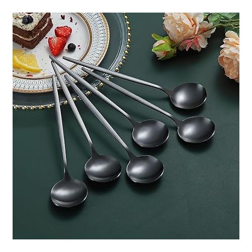  HOMQUEN Matte Black Teaspoons, Pack of 6, 6.6 Inch Spoons, Cutlery, Small Stainless Steel Spoon, Teaspoon for Home, Kitchen or Restaurant, Dishwasher Safe (Matte Black-6.6 inches)