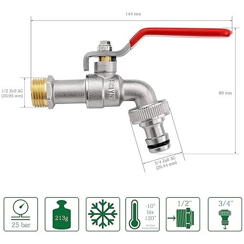  Shyne premium 1/2-3/4 inch brass tap, rust and frost proof, includes hose connector and e-book (English language cannot be guaranteed), for garden, washing machine, rain barrel