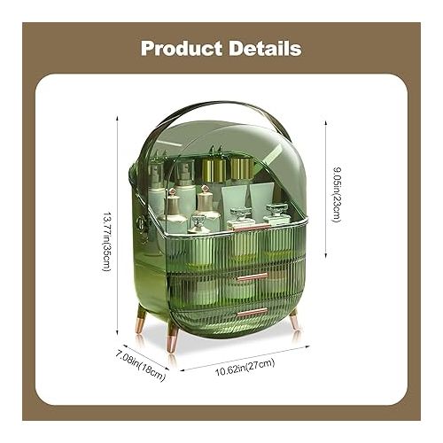  Galatee Retro Series 180° Rotatable Portable Make Up Organiser Cosmetic Box Cosmetic Storage Box with Dustproof Lid Beauty Organiser with 2 Drawers and Carry Handle (Retro Green)