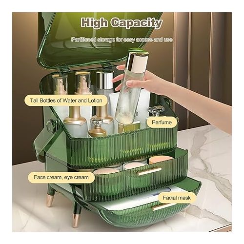  Galatee Retro Series 180° Rotatable Portable Make Up Organiser Cosmetic Box Cosmetic Storage Box with Dustproof Lid Beauty Organiser with 2 Drawers and Carry Handle (Retro Green)