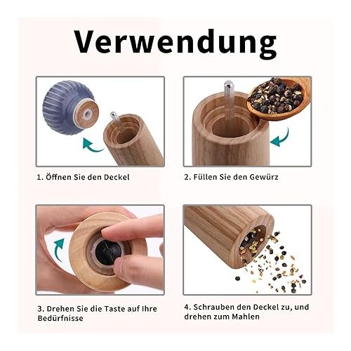  HAIPUSEN Salt and Pepper Mill Made of Wood and Ceramic - Pepper Shaker Spice Mill Grinder with Adjustable Grinder 17.5 cm