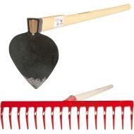 SHW-FIRE Professional Garden Tools: 16 Prong Rakes and Wide Heart Leaf Hoe. Robust Wooden Handles Including