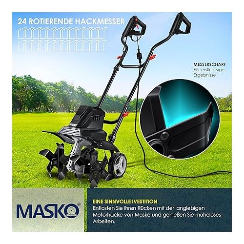  Masko® Electric Motor Hoe, 1500 Watt, 40 cm / 15.7 inches Working Width, 20 cm / 7.8 inches Working Depth, with Folding Handle, Metal Casing, and Transport Wheels - Ground Hoe, Farm Tiller Cultivator, Garden Tiller