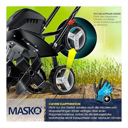  Masko® Electric Motor Hoe, 1500 Watt, 40 cm / 15.7 inches Working Width, 20 cm / 7.8 inches Working Depth, with Folding Handle, Metal Casing, and Transport Wheels - Ground Hoe, Farm Tiller Cultivator, Garden Tiller