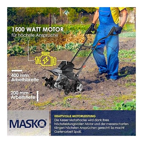  Masko® Electric Motor Hoe, 1500 Watt, 40 cm / 15.7 inches Working Width, 20 cm / 7.8 inches Working Depth, with Folding Handle, Metal Casing, and Transport Wheels - Ground Hoe, Farm Tiller Cultivator, Garden Tiller