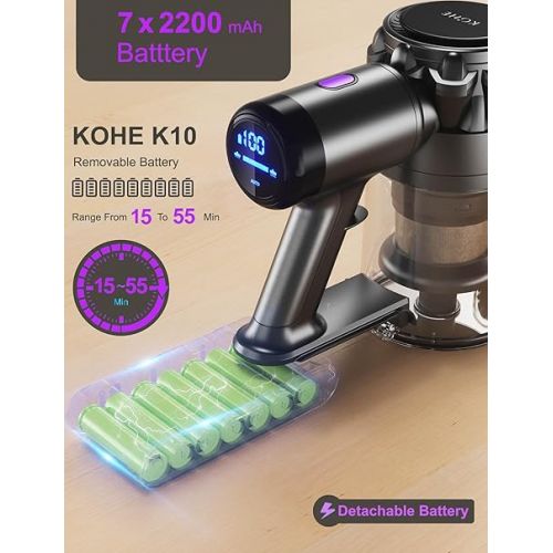  KOHE Battery Vacuum Cleaner, Lightweight Wireless Stick Vacuum Cleaner with Improved Filter System, 500 W/33 kPa, 3 Modes, Up to 55 Mins Running Time for Hard Floors, Carpets, Cars, Pet Hair, K10