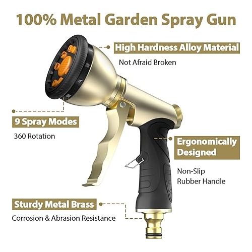  WHOLEV Garden Hand Shower Water Sprayer, 100% Robust Metal Housing, with Adjustable Water Flow and Versatile Spray Function for Watering, Car Washing, Walkway Cleaning, Pet Care