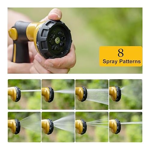  FANHAO Garden Hose Syringe 100% Metal, Garden Shower with 8 Spray Patterns, High Pressure Spray Nozzle, Thumb Control, On/Off Valve for Lawn and Plant Watering, Car and Pet Washing