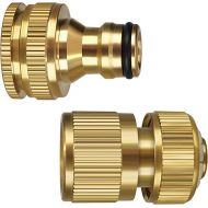 iBamso Brass Hose Connector, 1/2 Inch and 3/4 Inch 2-in-1 Garden Hose Connector, 1/2 Inch Quick Coupling, Female Thread Tap Connector Adapter 2 Pack