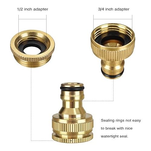  iBamso Brass Hose Connector, 1/2 Inch and 3/4 Inch 2-in-1 Garden Hose Connector, 1/2 Inch Quick Coupling, Female Thread Tap Connector Adapter 2 Pack