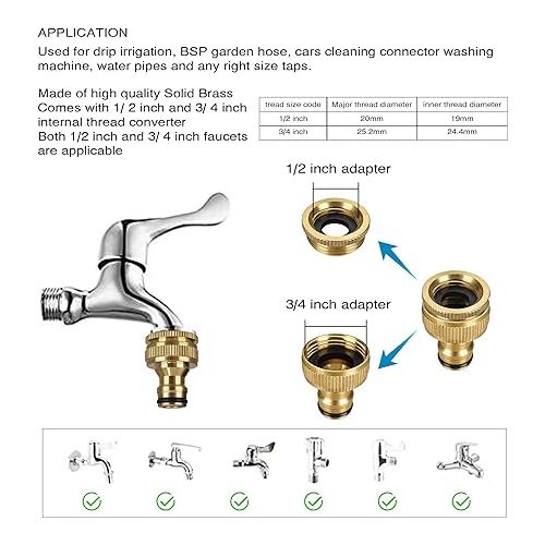  iBamso Brass Hose Connector, 1/2 Inch and 3/4 Inch 2-in-1 Garden Hose Connector, 1/2 Inch Quick Coupling, Female Thread Tap Connector Adapter 2 Pack