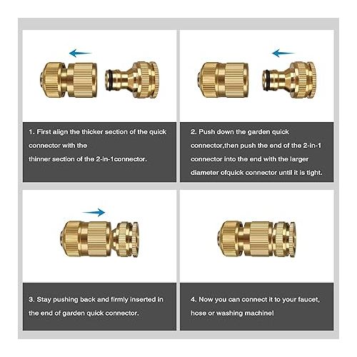  iBamso Brass Hose Connector, 1/2 Inch and 3/4 Inch 2-in-1 Garden Hose Connector, 1/2 Inch Quick Coupling, Female Thread Tap Connector Adapter 2 Pack