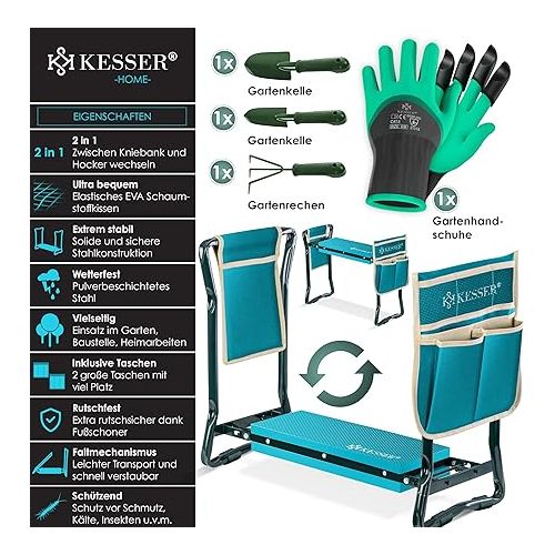  KESSER® 2-in-1 XXL Kneeler for Gardening, Padded Seat Pad, EVA Foam Cushion, Garden Stool, Foldable, 2 x Tool Bag, Gloves, Garden Trowel & Rake, Garden Bench 60 x 50 x 27 cm, up to 150 kg