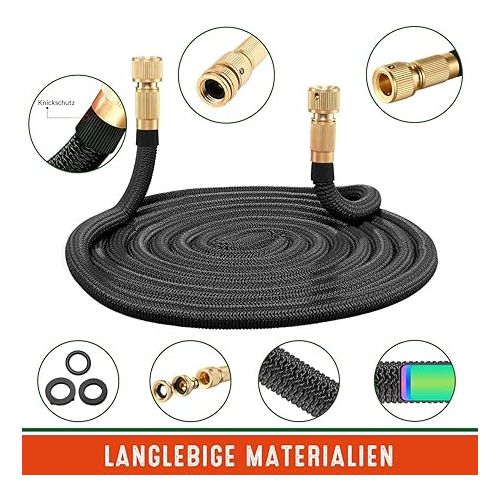  Gardebruk® Flexible Garden Hose, Water Hose, Triple Latex Core, Full Brass Adapters 1.27 cm, 1.9 cm, Wall Mount, Bag, 22 m, Black