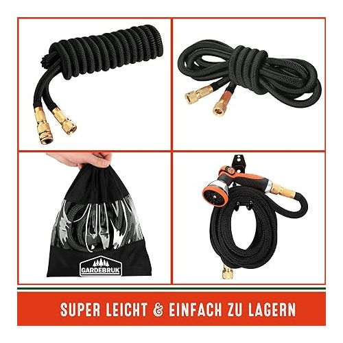  Gardebruk® Flexible Garden Hose, Water Hose, Triple Latex Core, Full Brass Adapters 1.27 cm, 1.9 cm, Wall Mount, Bag, 22 m, Black